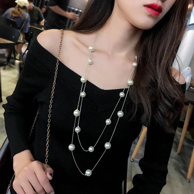 luckacco fsunion 2025 new long double layer simulated pearl necklace women sweater chain  female collares statement jewlery gifts