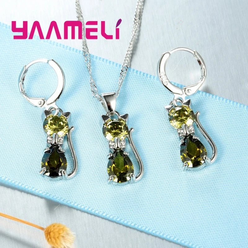 luckacco real 925 sterling silver color jewelry sets for woman girls shining austrian crystal cute cat pendant necklace huggie earring