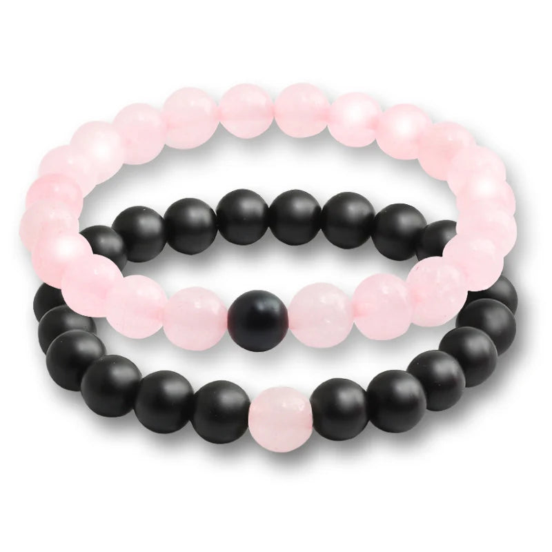 luckacco natural stone matching couple bracelet distance pink black beads for men women strand bracelets bangles yoga lover jewelry gifts