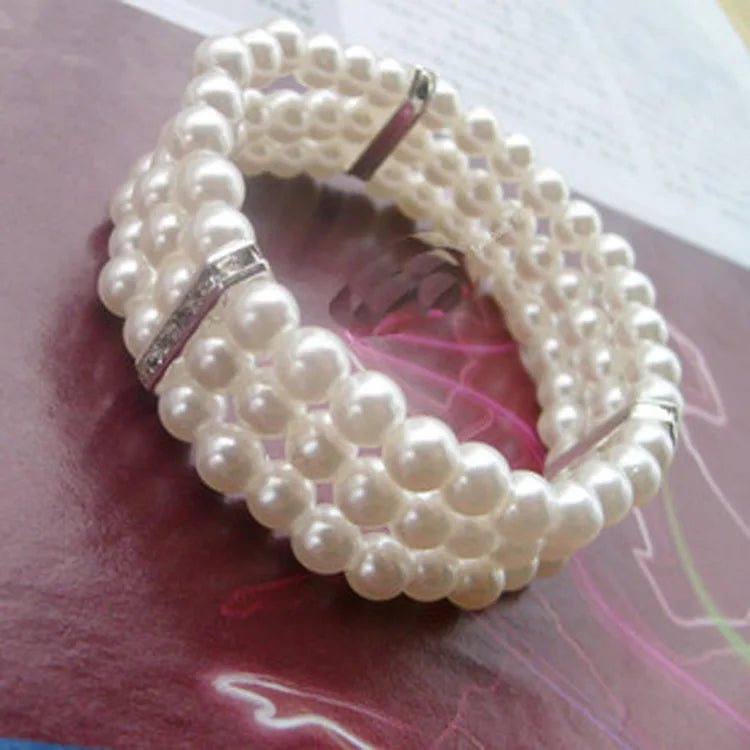 luckacco fashion women's three-layer rhinestone imitation pearl bracelet elegant flash drill multi-layer elastic bracelet bridal jewelry