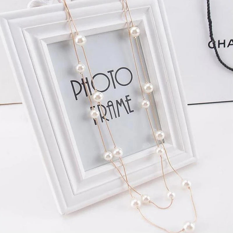 luckacco fsunion 2025 new long double layer simulated pearl necklace women sweater chain  female collares statement jewlery gifts