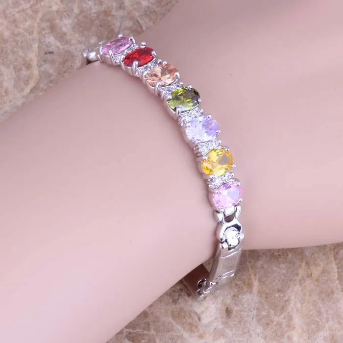 luckacco attractive multigem multicolor cubic zirconia silver plated link chain bracelet 7 inch s0516