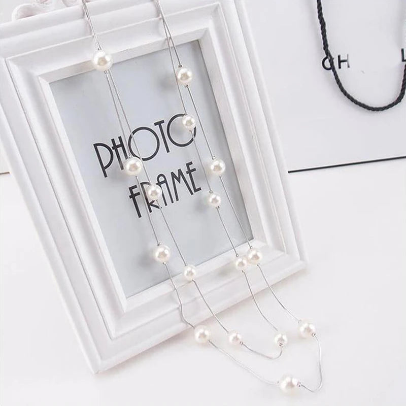 luckacco fsunion 2025 new long double layer simulated pearl necklace women sweater chain  female collares statement jewlery gifts