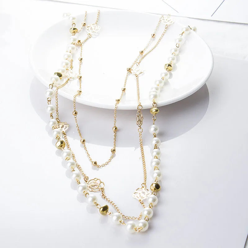 luckacco fsunion 2025 new long double layer simulated pearl necklace women sweater chain  female collares statement jewlery gifts