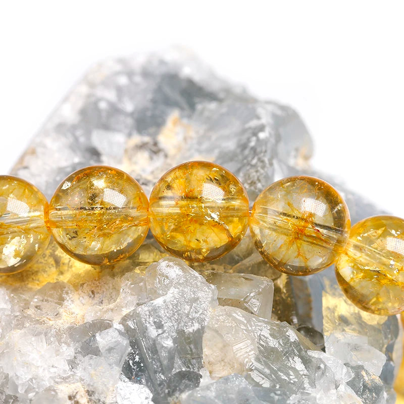 luckacco natural yellow citrine stone 6mm 8mm 10mm beads bracelet handmade quartz jewelry for woman men unisex stretch bangle gift
