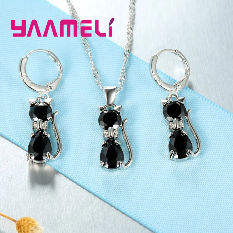 luckacco real 925 sterling silver color jewelry sets for woman girls shining austrian crystal cute cat pendant necklace huggie earring