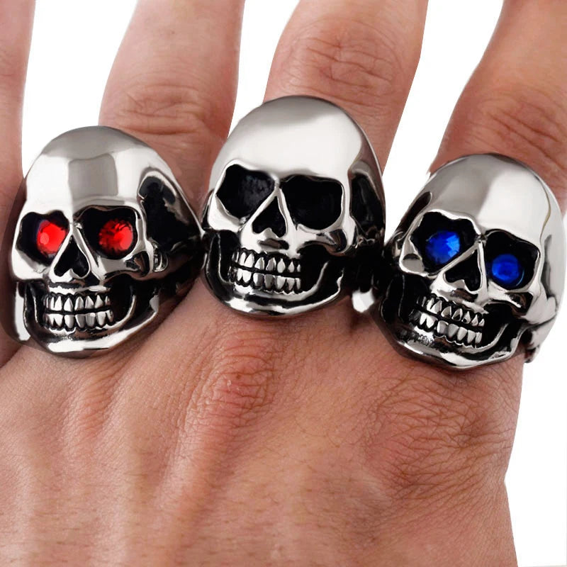 luckacco men's solid skull ring gothic punk biker rider red/blue eyes vintage stainless steel skeleton finger band men jewelry