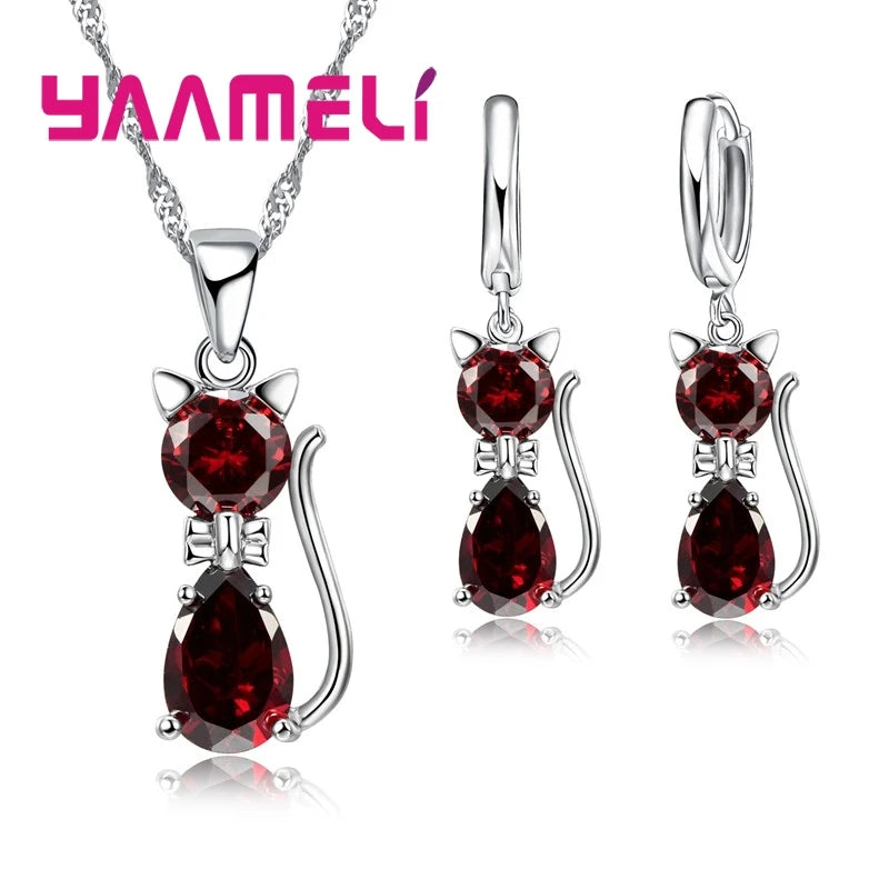 luckacco real 925 sterling silver color jewelry sets for woman girls shining austrian crystal cute cat pendant necklace huggie earring