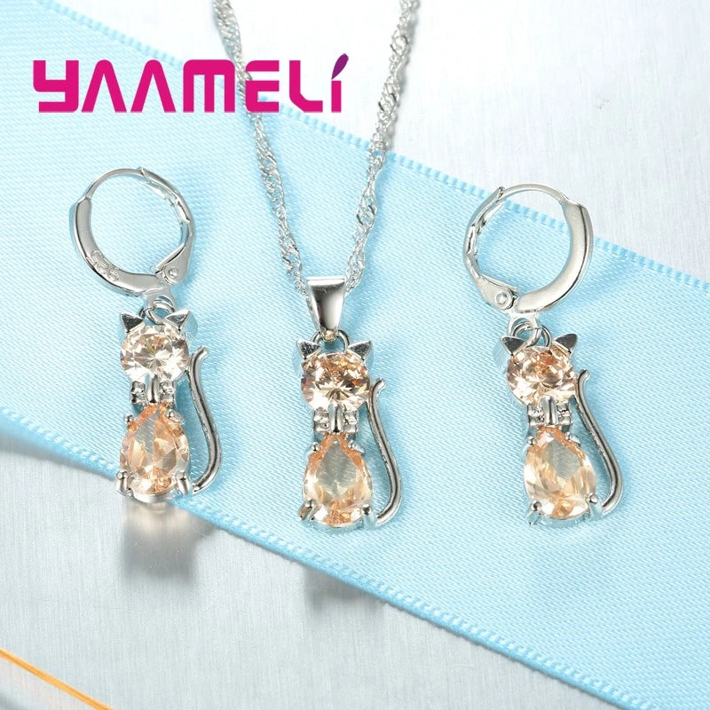 luckacco real 925 sterling silver color jewelry sets for woman girls shining austrian crystal cute cat pendant necklace huggie earring