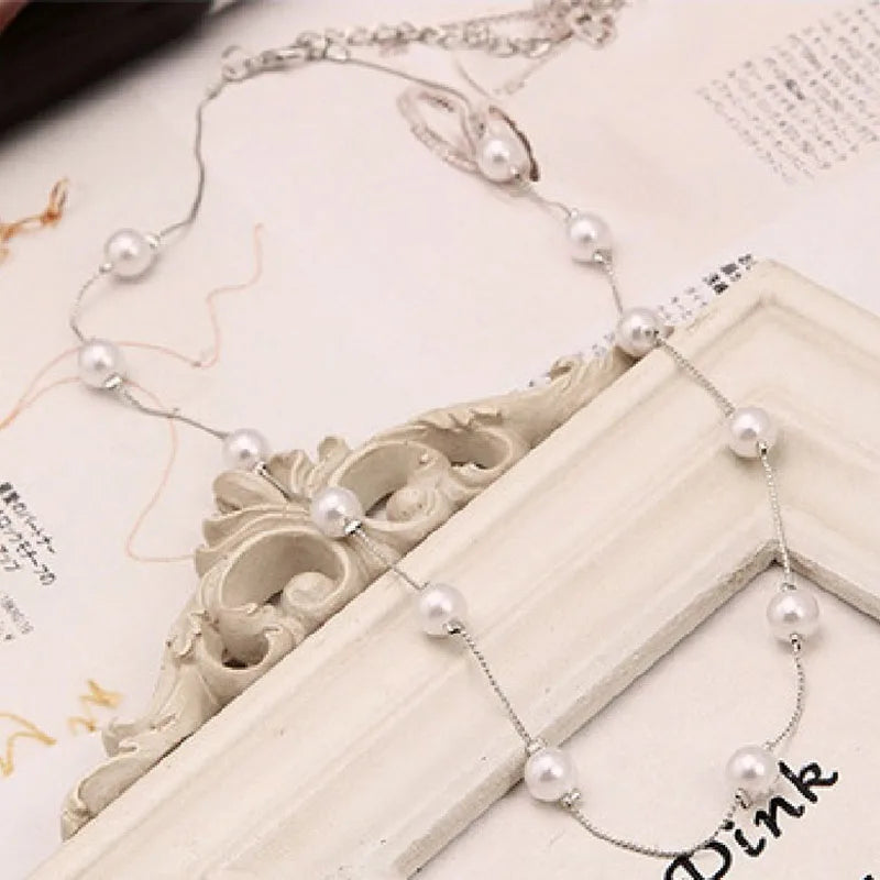 luckacco fsunion 2025 new long double layer simulated pearl necklace women sweater chain  female collares statement jewlery gifts
