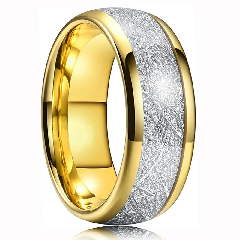 luckacco fashion 8mm silver color stainless steel rings for men double groove meteorite inlay dome men finger ring wedding band jewelry