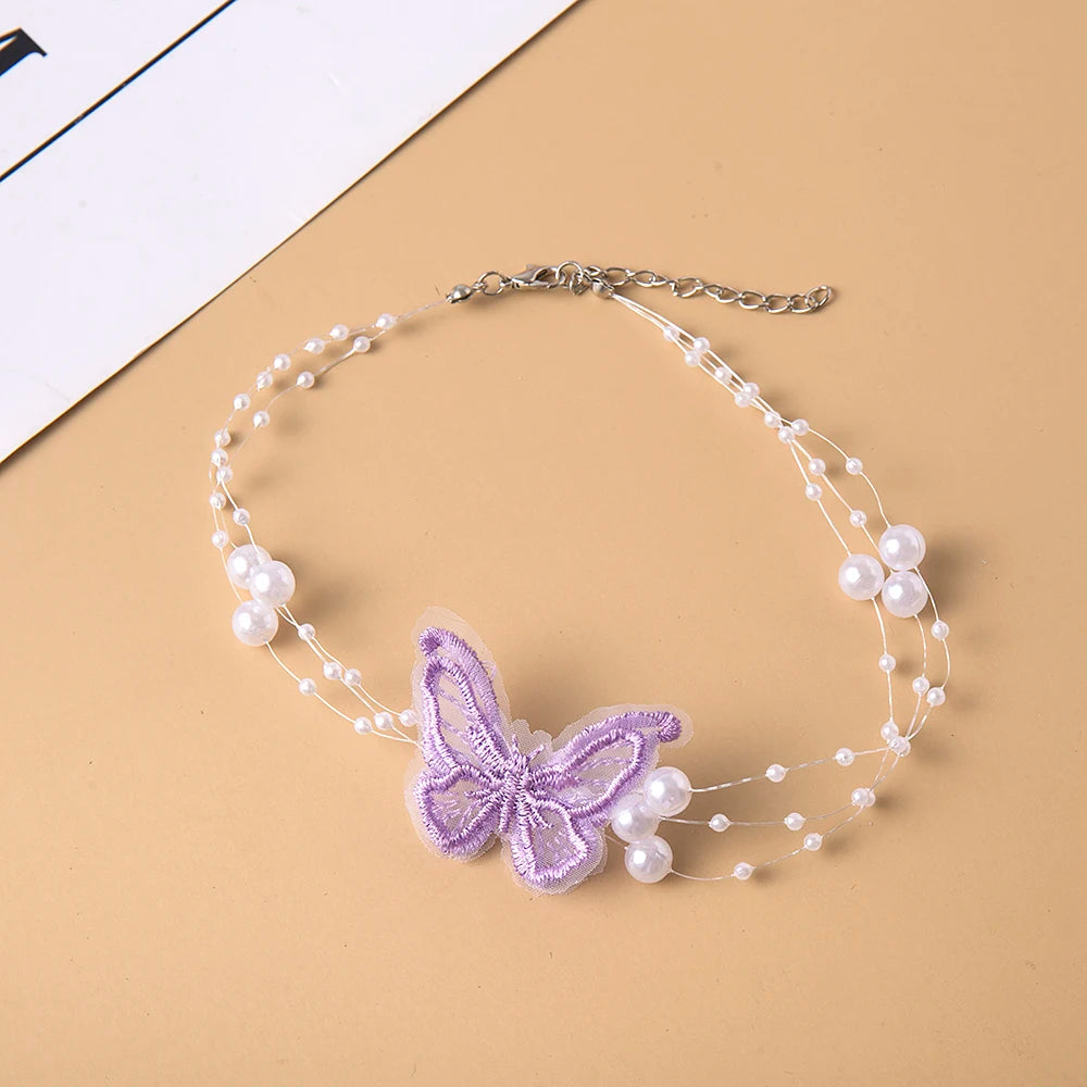 luckacco elegant multilayer pearl choker necklace vintage flower butterfly acrylic chain necklace for women fashion wedding jewelry gift