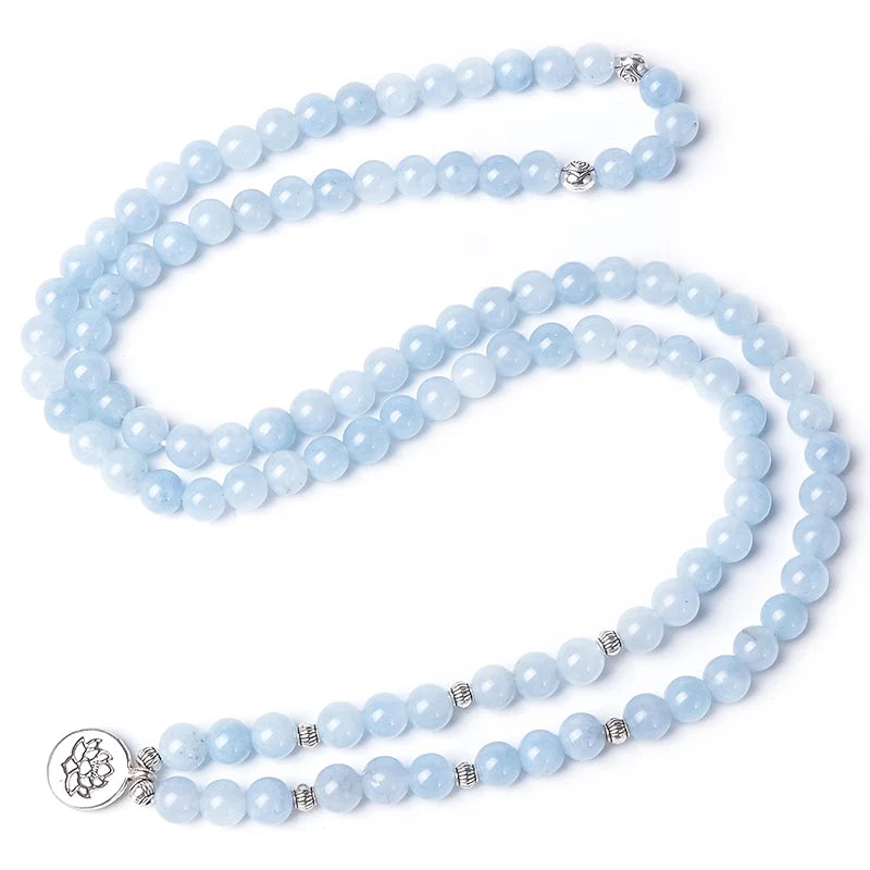 luckacco 108 8mm aquamarine beaded elastic cord wrap mala bracelet meditation yoga healing jewelry women charm rosary lotus bangle