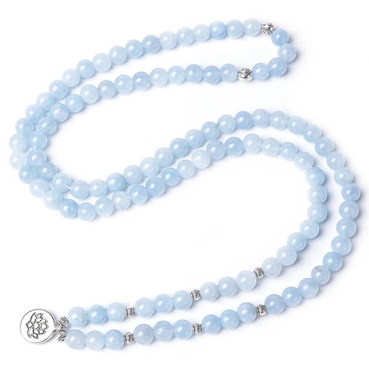 Luckacco 108 8mm Aquamarine Beaded Elastic Cord Wrap Mala Bracelet Meditation Yoga Healing Jewelry Women Charm Rosary Lotus Bangle