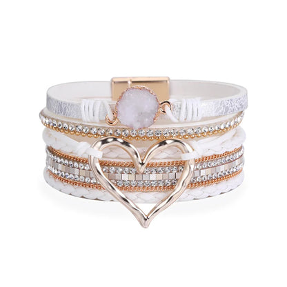 Luckacco Amorcome Fashion Braided Leather Wrap Bracelets Bangles Multilayer Resin Stone Hollow Heart Charm Bracelets Women Gift Pulseira