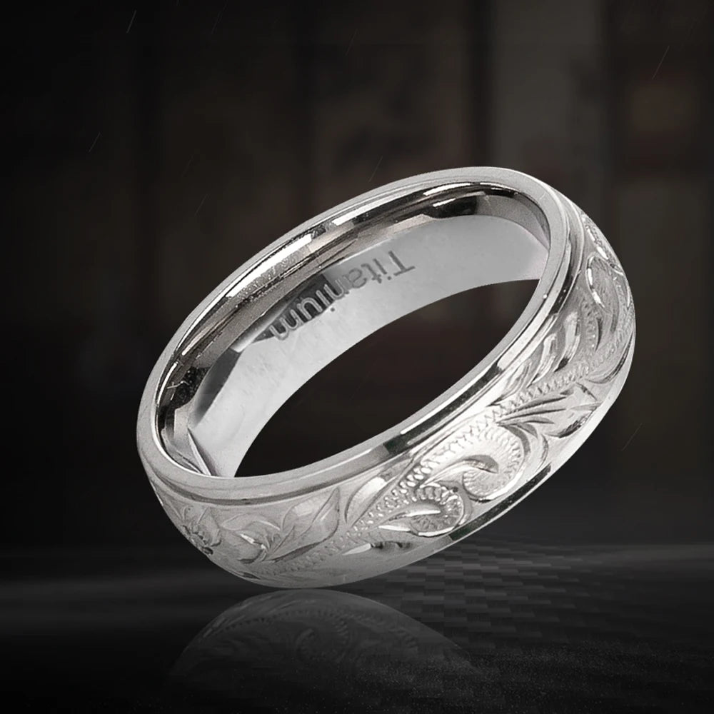 luckacco g23 titanium wedding rings with hand floral engraved,wedding band cz bezzel setting, engagement anniversary ring comfort fit