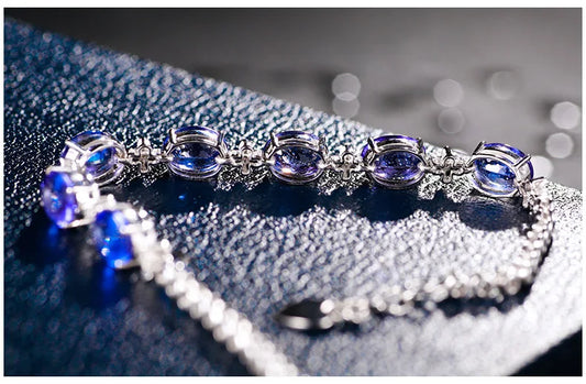 Luckacco Luxury 100% S925 Silver Bracelets For Woman With Blue Sapphire Gemstone Lady Fine Jewelry  Gift
