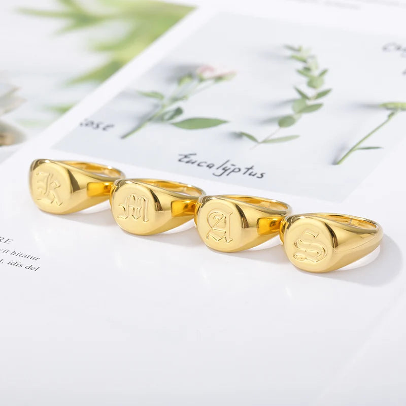 luckacco gothic a-z initial signet rings for women men wedding statement anillos best friend party gift jewelry