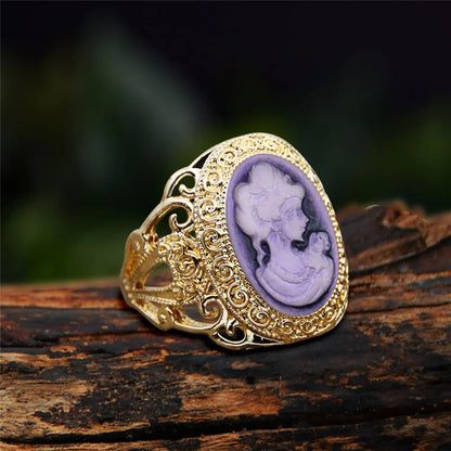 Luckacco 6 Colors Lady Queen Cameo Rings For Women Gold Color Pink Blue Gray Fashion Hollow Flower Lady Cameo Ring
