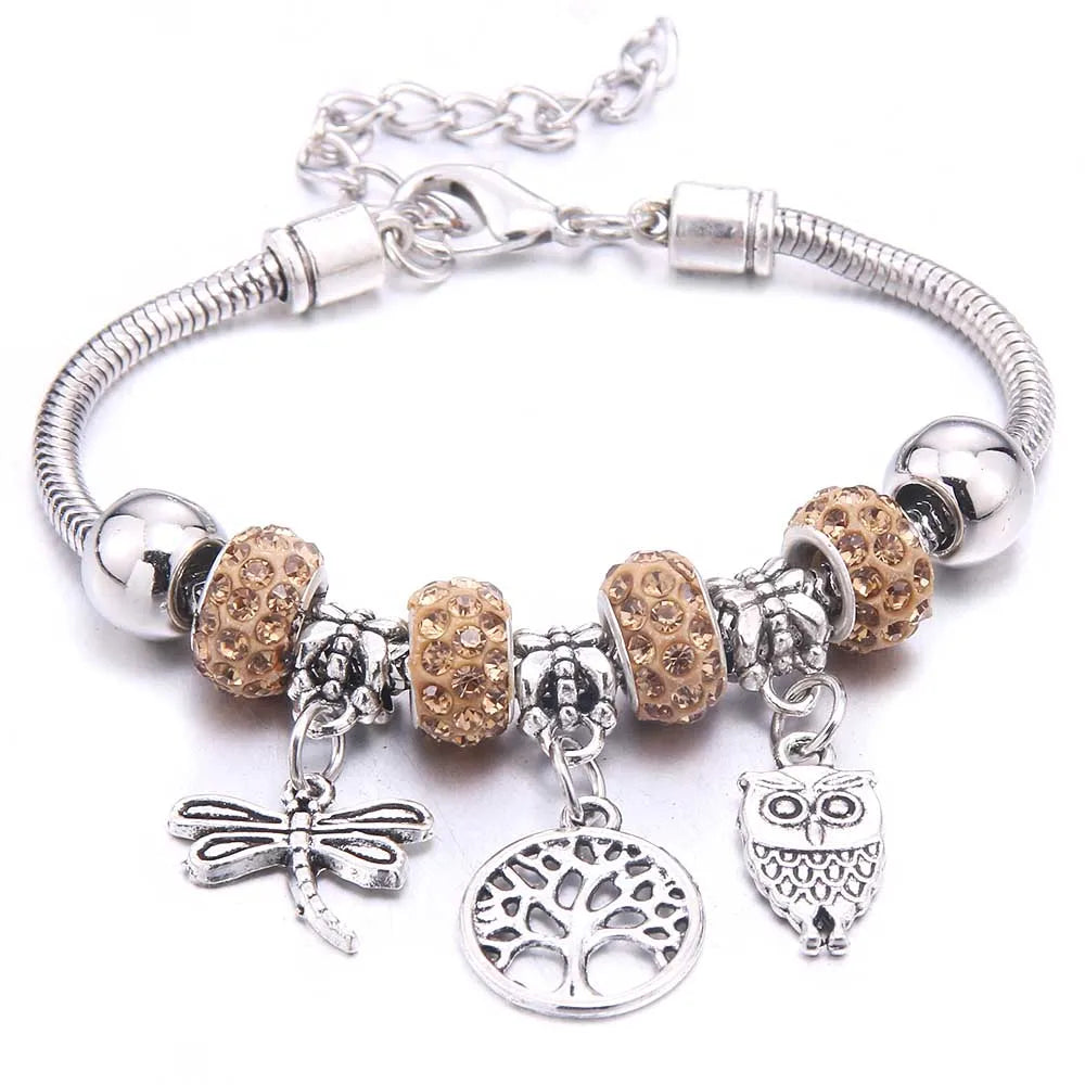 luckacco  dragonfly owl shape crystal charm bracelets beads bracelet women diy beads brand bracelets & bangles jewelry gift