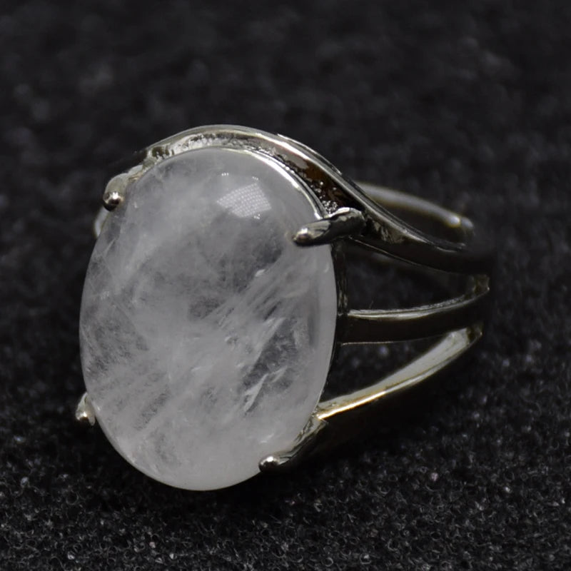 luckacco new women fashion ring natural stone pink quartz purple crystal lapis opening rings opal oval bead adjustable size party jewelry