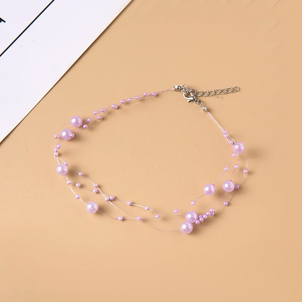 luckacco elegant multilayer pearl choker necklace vintage flower butterfly acrylic chain necklace for women fashion wedding jewelry gift