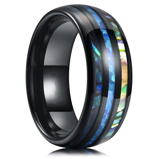 Luckacco Fashion 8mm Silver Color Stainless Steel Rings for Men Double Groove Meteorite Inlay Dome Men Finger Ring Wedding Band Jewelry