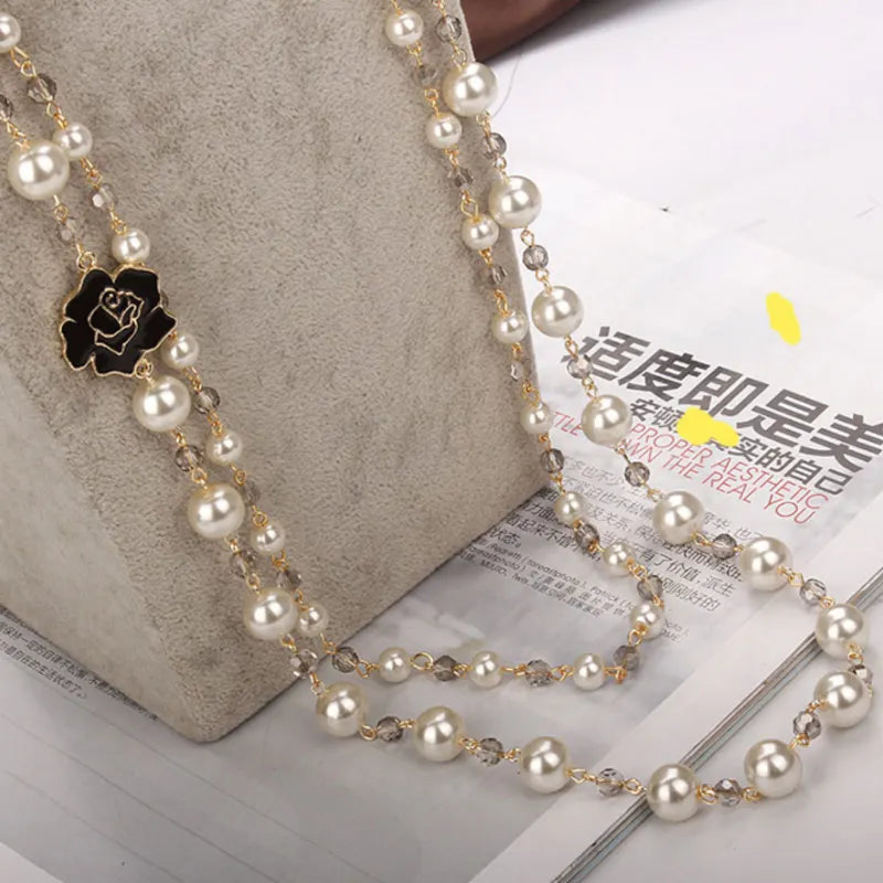 luckacco korean camellia double layerd sweater long chain pearl necklace pendant jewelry for women party