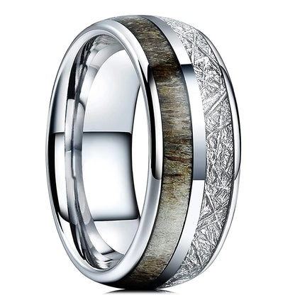 Luckacco Fashion 8mm Men Stainless Steel Rings Silver Color Brushed Deer Antler And Koa Wood Rings for Men Wedding Band Jewelry