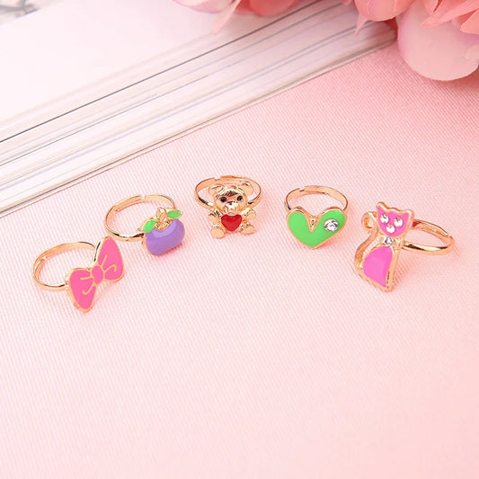 Luckacco 10pcs Cute Cartoon Kids Rings Kawaii Korean Children Girls Flower Alloy Finger Ring Child Jewelry Gift Adjustable Rings