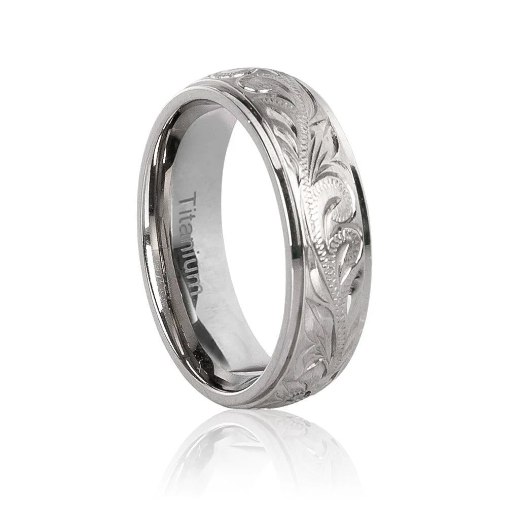 luckacco g23 titanium wedding rings with hand floral engraved,wedding band cz bezzel setting, engagement anniversary ring comfort fit