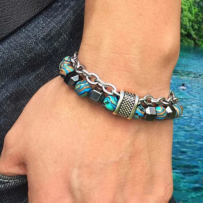 luckacco 2pcs/set natural chakra energy stone health slimming magnetic therapy men's beaded stainless steel bracelet biomagnetic bracelet
