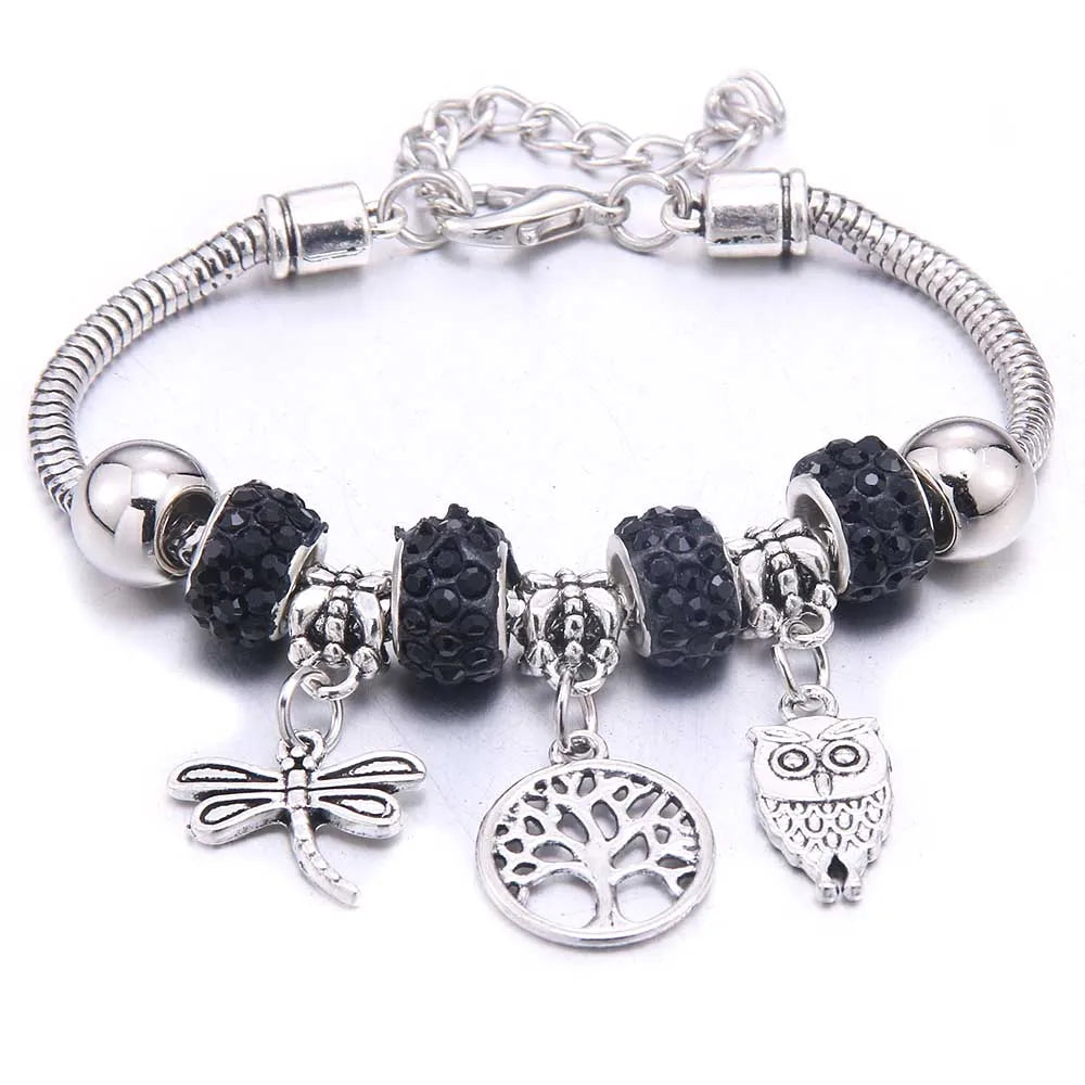 luckacco  dragonfly owl shape crystal charm bracelets beads bracelet women diy beads brand bracelets & bangles jewelry gift
