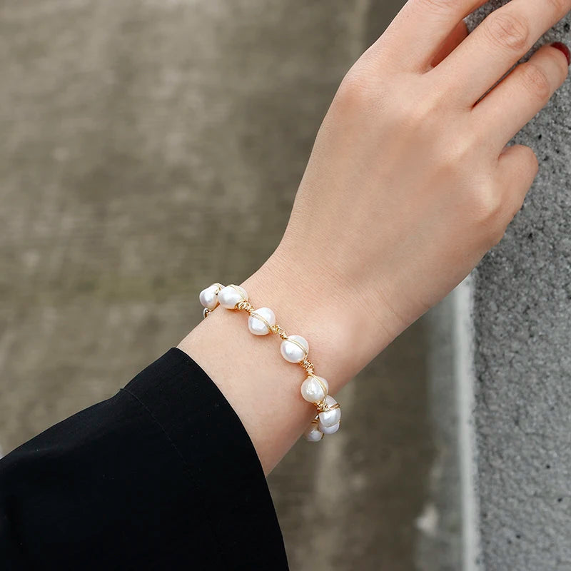 luckacco original handmade 14k gold filled baroque natural freshwater pearl ladies bracelet promotion jewelry for women birthday gift