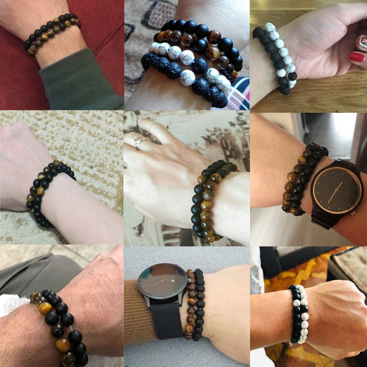 Luckacco 10mm Tiger Eye Natural Stone Beads Bracelet 3 Size Buddha Lava Round Beads Elasticity Rope Bracelets for Men Yoga Handmade Jewel