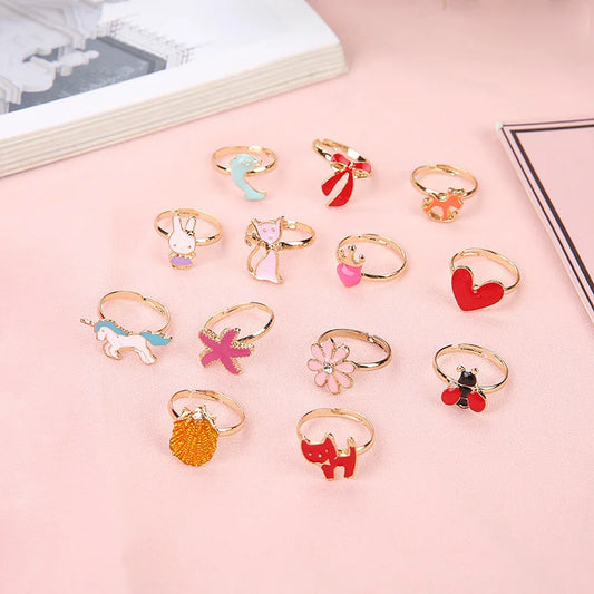 Luckacco 10pcs Cute Cartoon Kids Rings Kawaii Korean Children Girls Flower Alloy Finger Ring Child Jewelry Gift Adjustable Rings