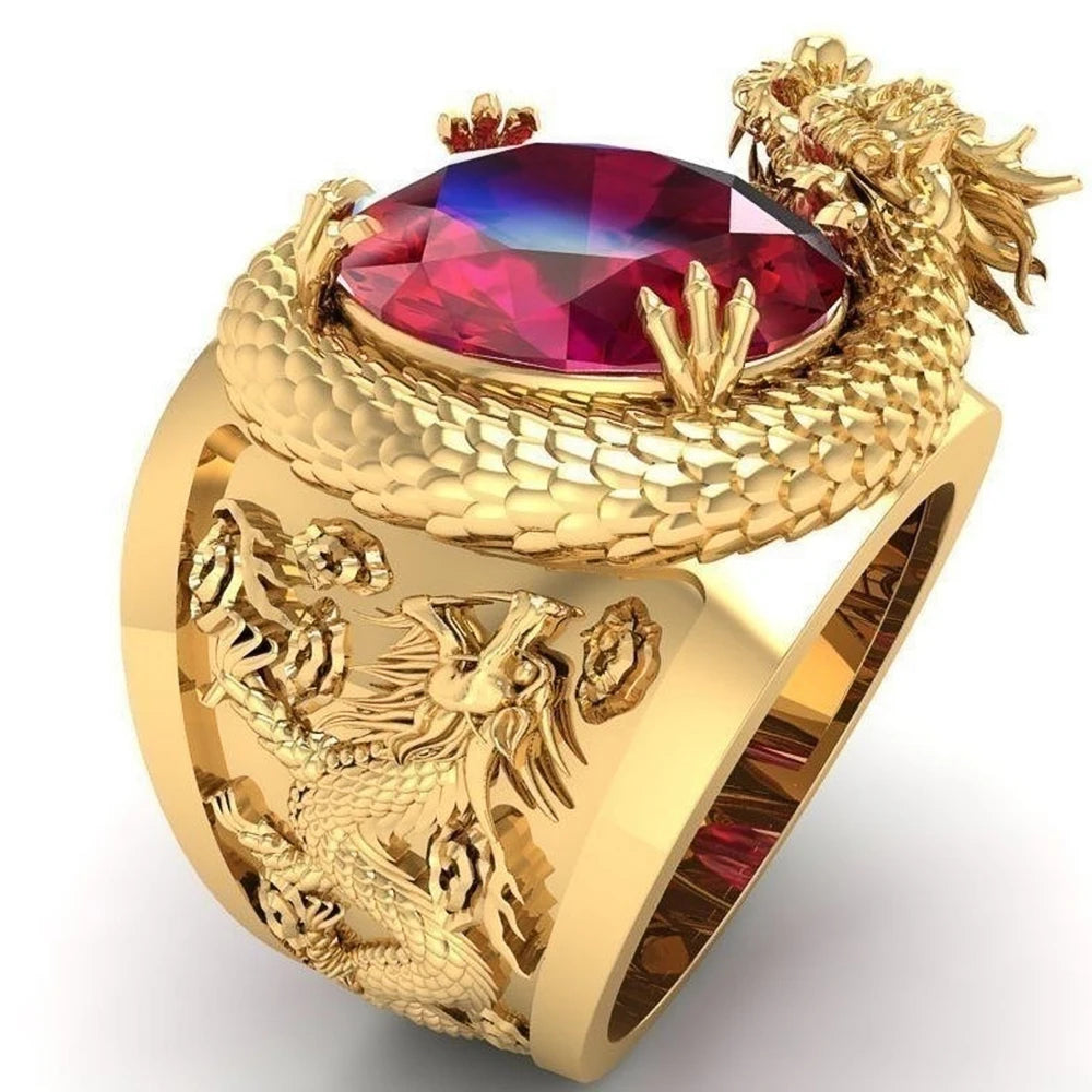 luckacco daily picks luxury gold color dragon pattern men rings inlaid big oval red stone noble wedding party finger rings male trendy jewelry