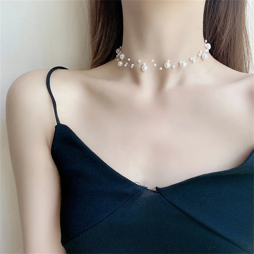luckacco elegant multilayer pearl choker necklace vintage flower butterfly acrylic chain necklace for women fashion wedding jewelry gift