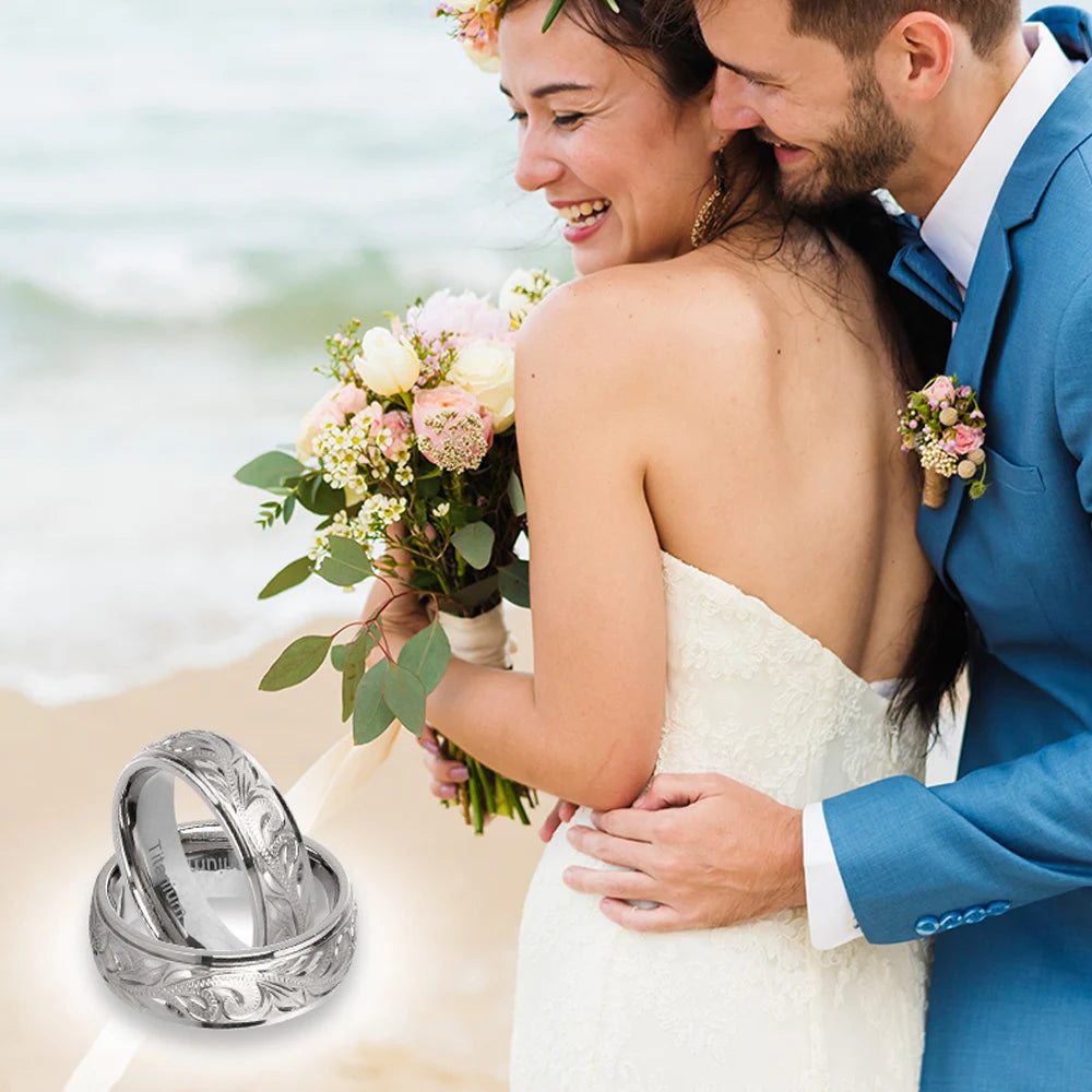 luckacco g23 titanium wedding rings with hand floral engraved,wedding band cz bezzel setting, engagement anniversary ring comfort fit