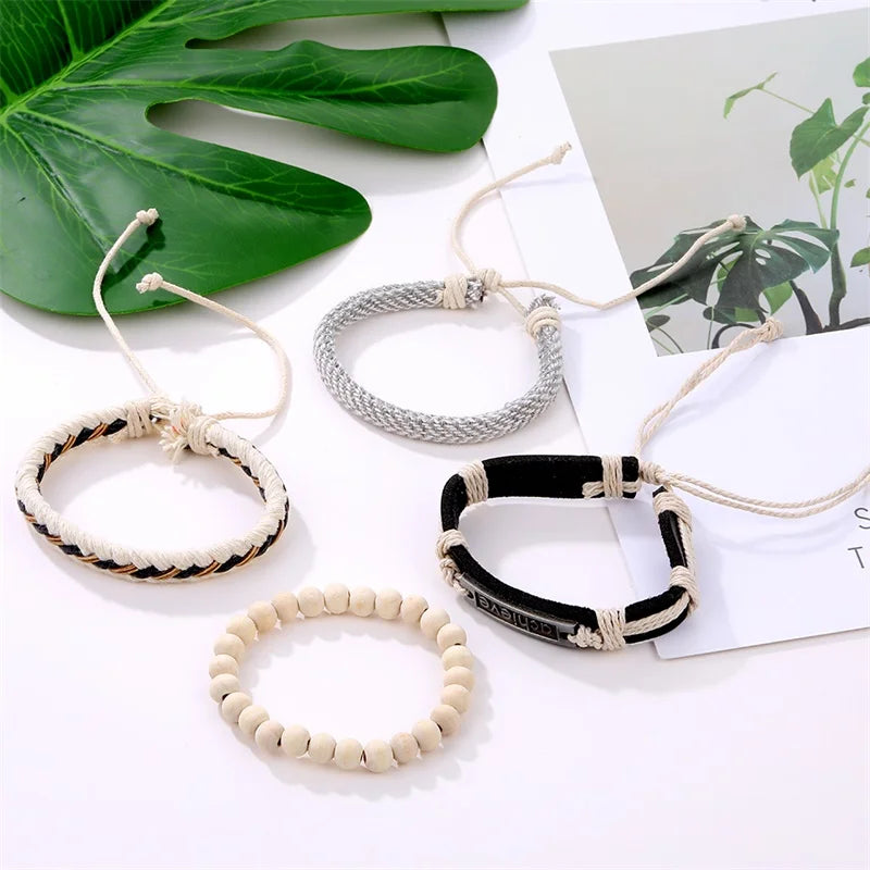 luckacco ifmia fashion beads leather wrap bracelet set men new design wristband multiple bracelets & bangles party wedding jewelry gifts