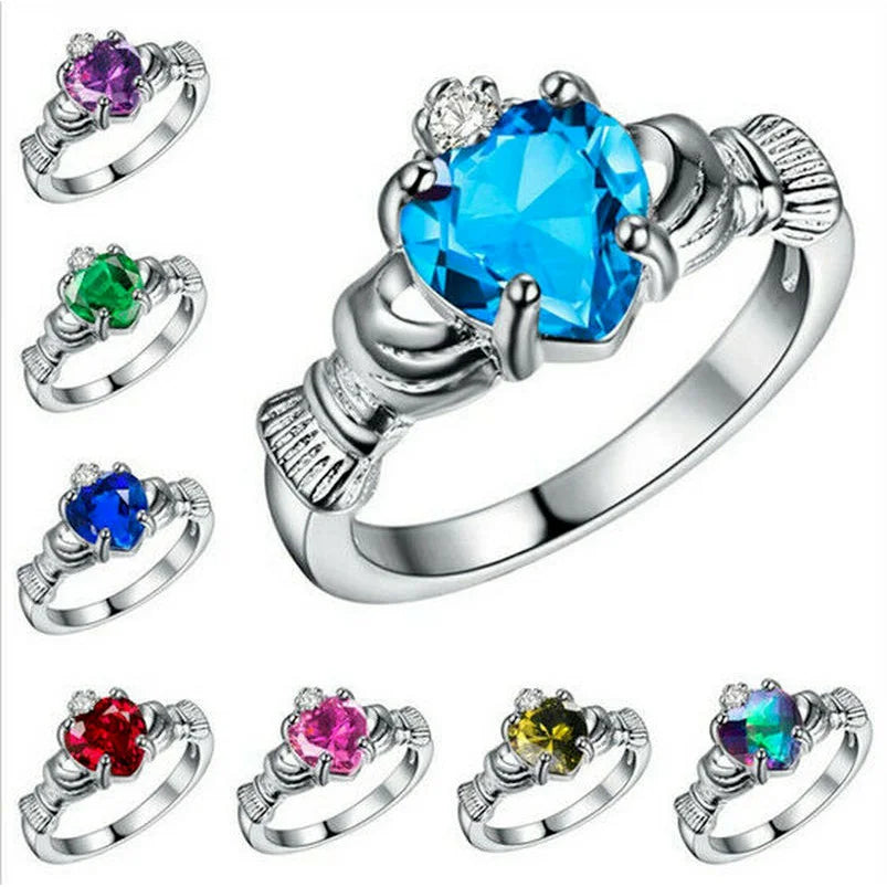 luckacco women silver color zircon crown wedding engagement claddagh ring size 6-10