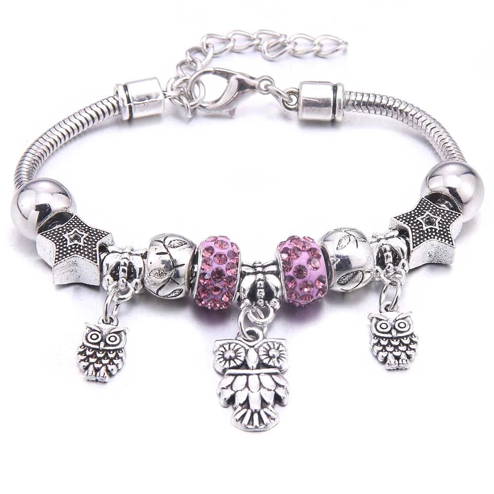luckacco  dragonfly owl shape crystal charm bracelets beads bracelet women diy beads brand bracelets & bangles jewelry gift