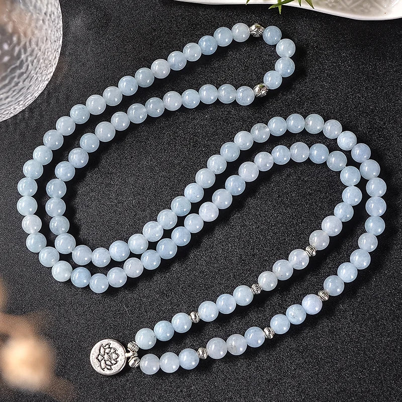 luckacco 108 8mm aquamarine beaded elastic cord wrap mala bracelet meditation yoga healing jewelry women charm rosary lotus bangle