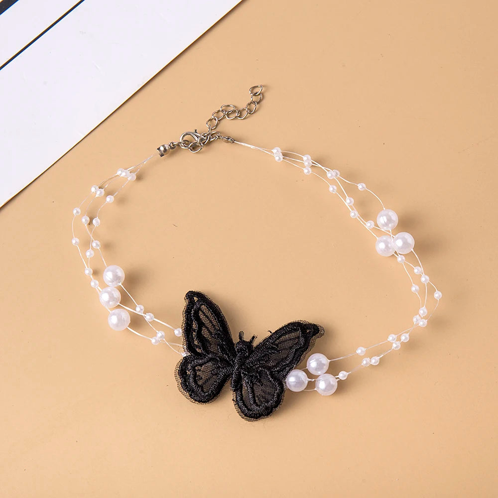 luckacco elegant multilayer pearl choker necklace vintage flower butterfly acrylic chain necklace for women fashion wedding jewelry gift