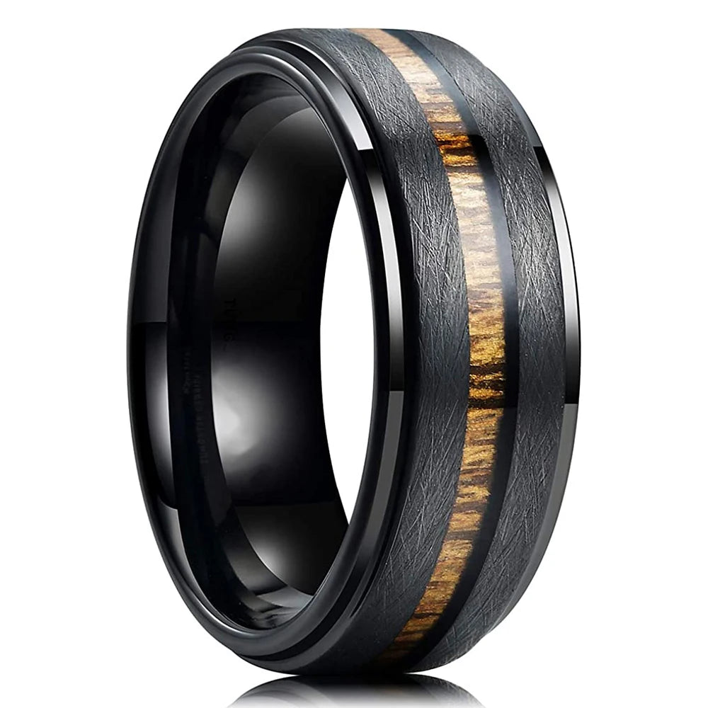 luckacco fashion 8mm silver color stainless steel rings for men double groove meteorite inlay dome men finger ring wedding band jewelry