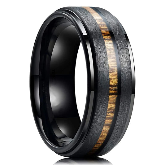 Luckacco Fashion 8mm Men Stainless Steel Rings Silver Color Brushed Deer Antler And Koa Wood Rings for Men Wedding Band Jewelry