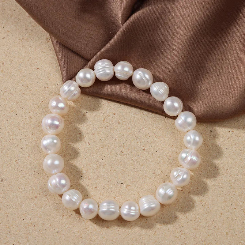 luckacco elegant natural freshwater pearl bracelets for women white baroque pearl charm elastic bangle fine jewelry wedding party 8-9mm