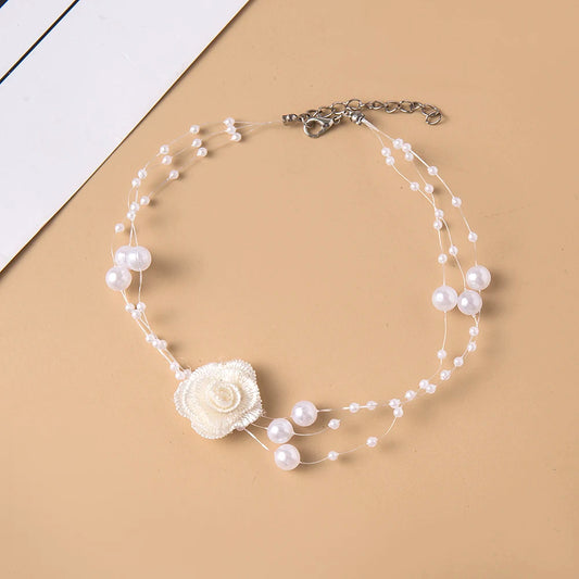 Luckacco Elegant Multilayer Pearl Choker Necklace Vintage Flower Butterfly Acrylic Chain Necklace For Women Fashion Wedding Jewelry Gift