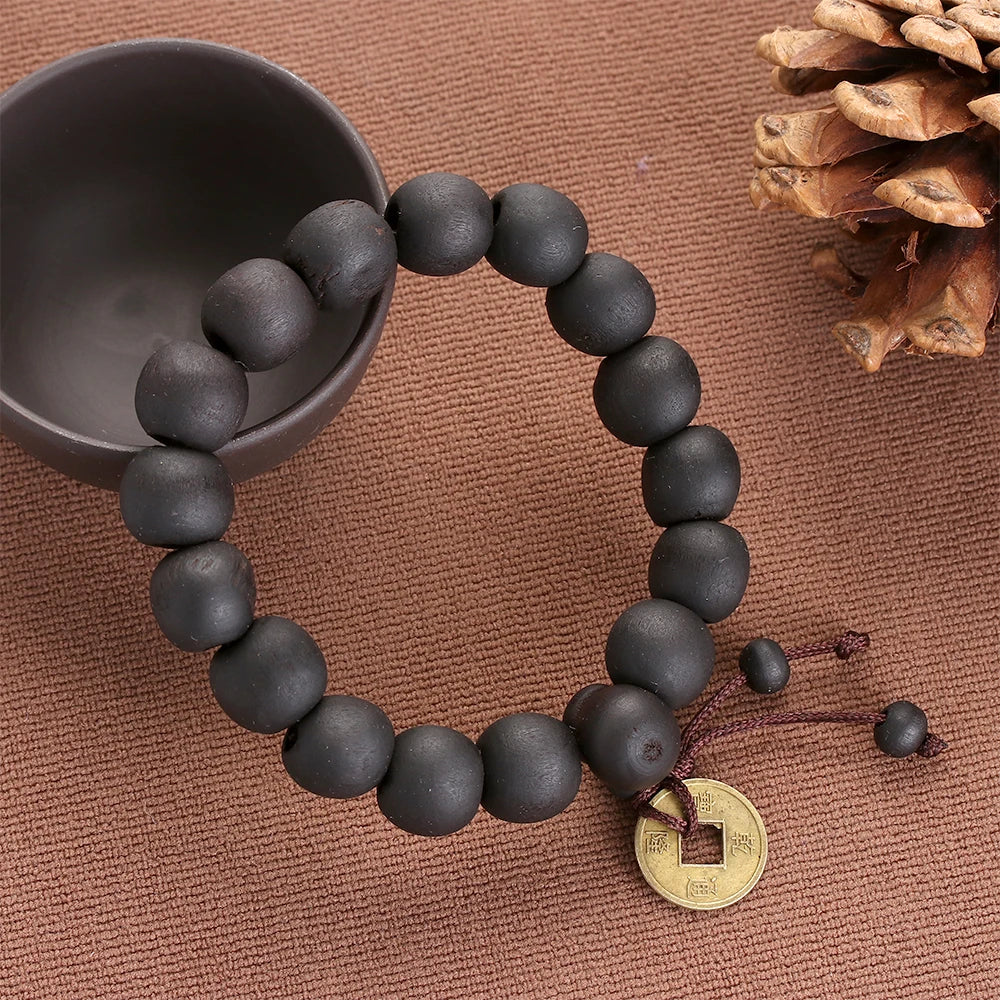 luckacco 1pc wood bead new buddha bracelet buddhist  bangle prayer beads copper coin women men lucky religion bracelets charm jewelry