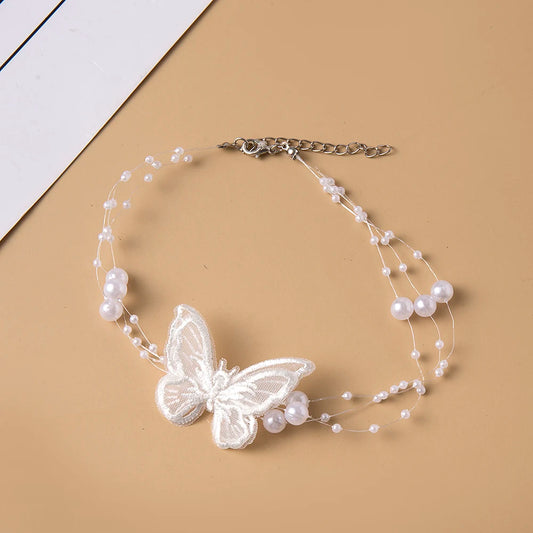 Luckacco Elegant Multilayer Pearl Choker Necklace Vintage Flower Butterfly Acrylic Chain Necklace For Women Fashion Wedding Jewelry Gift
